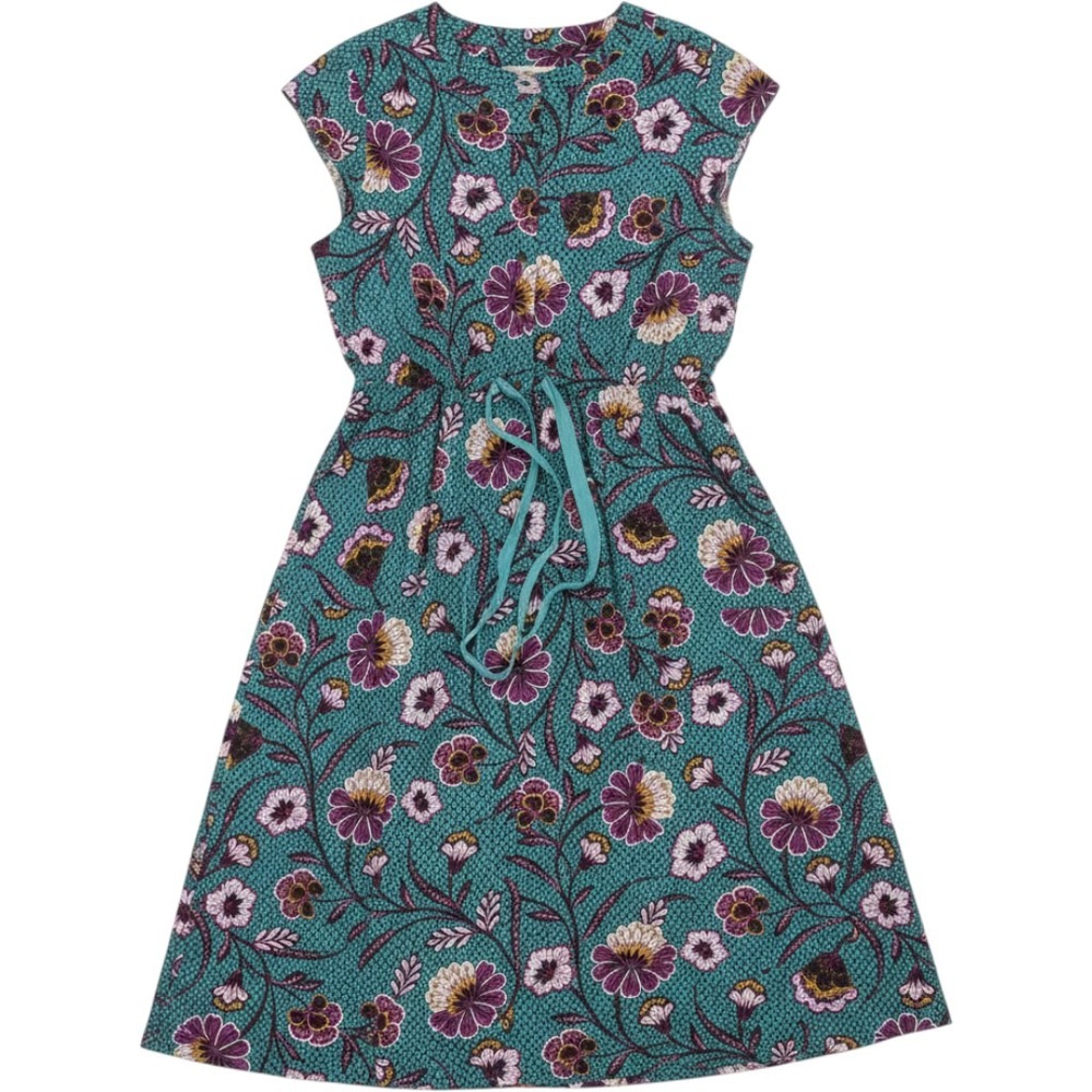 LOFT Midi Dress Women 10 Teal Floral Cap Sleeve Drawstring Waist Pockets Boho